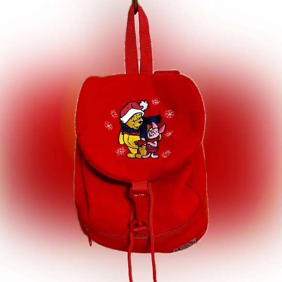 VTG Y2K RARE DISNEY CATALOG POOH’s CHILLY DAY RED FLEECE BACKPACK 11”x10”x4.5” - Picture 1 of 13